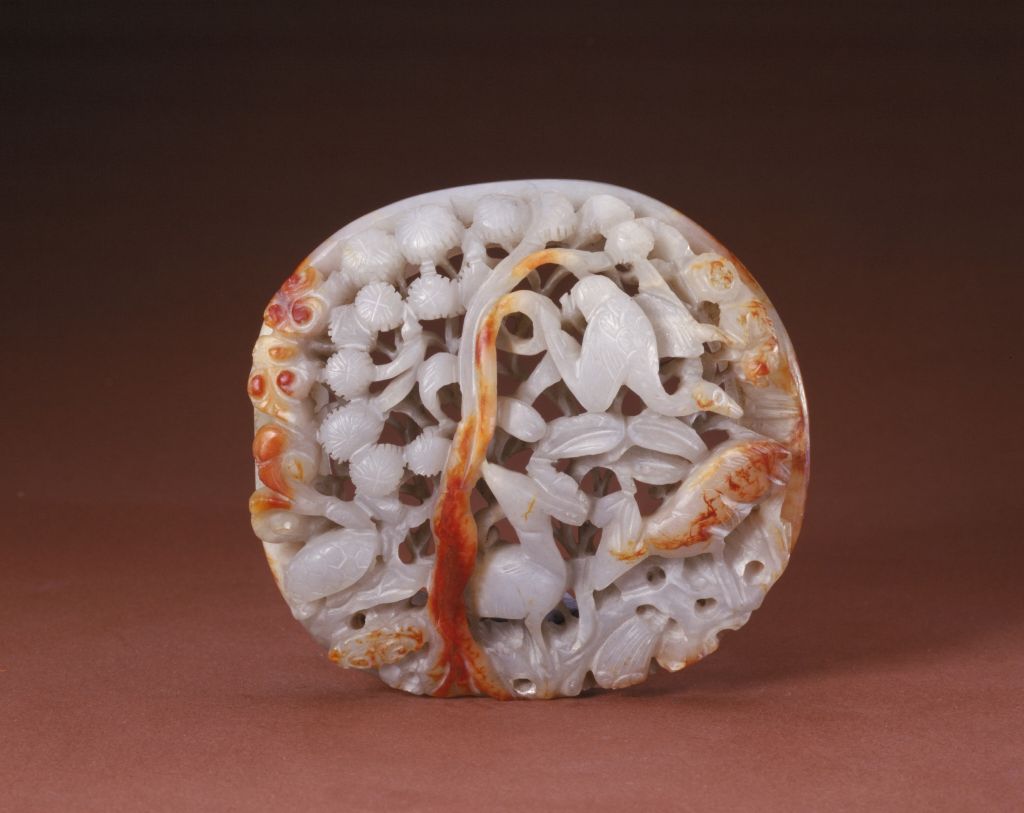 图片[1]-Blue jade carved deer and crane belt ornament-China Archive